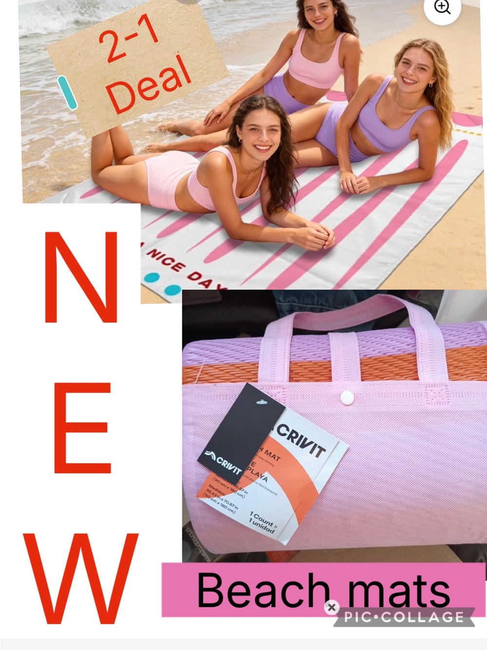 2-1 Deal NEW Crivit Pink & White Striped Beach Towel Mat